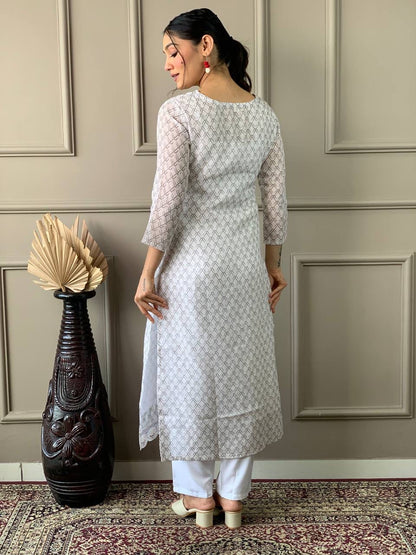 OffWhite Floral Kurti Set