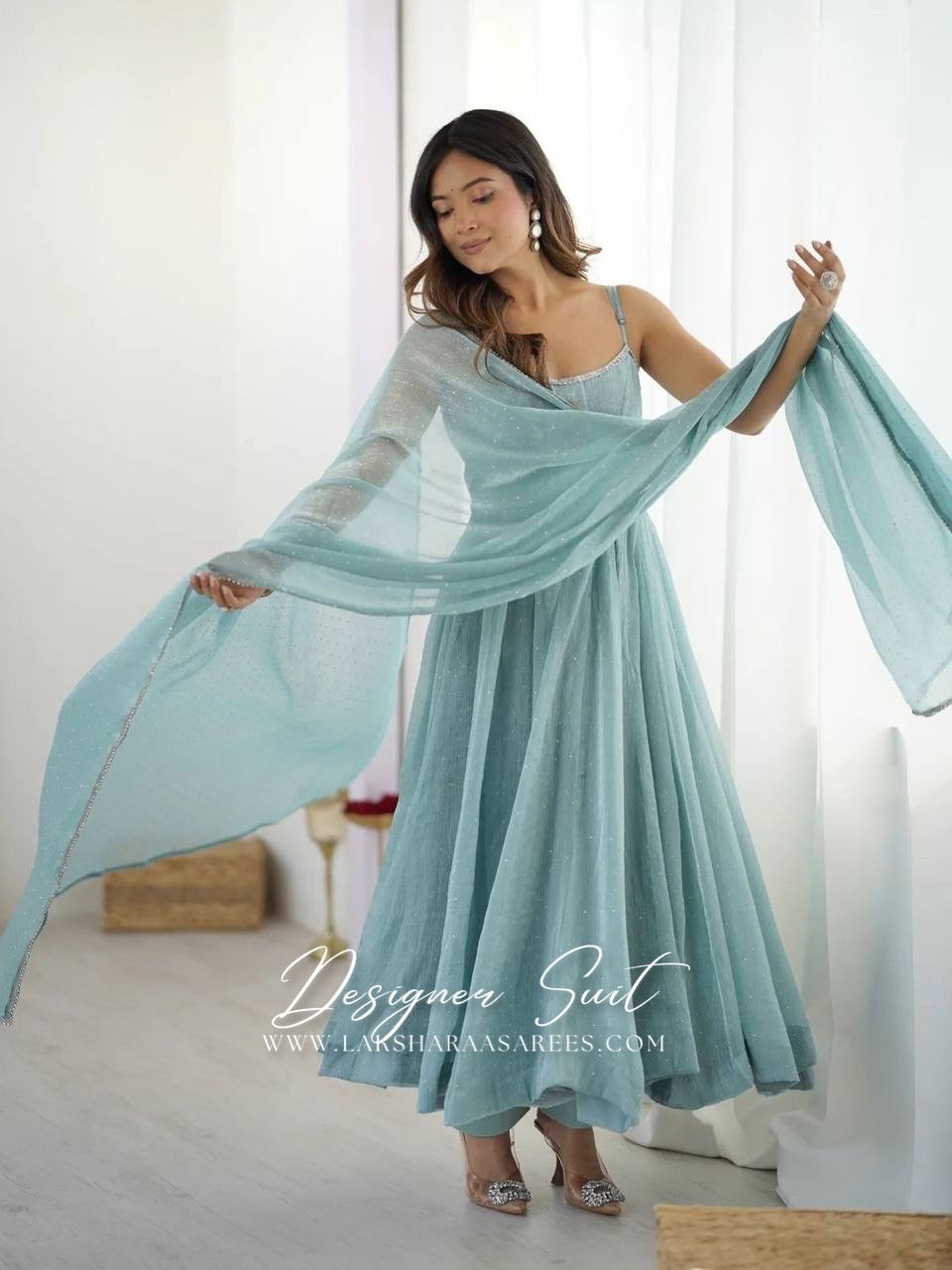 baby blue anarkali dress Powder Blue Anarkali Suit with Swarovski Work