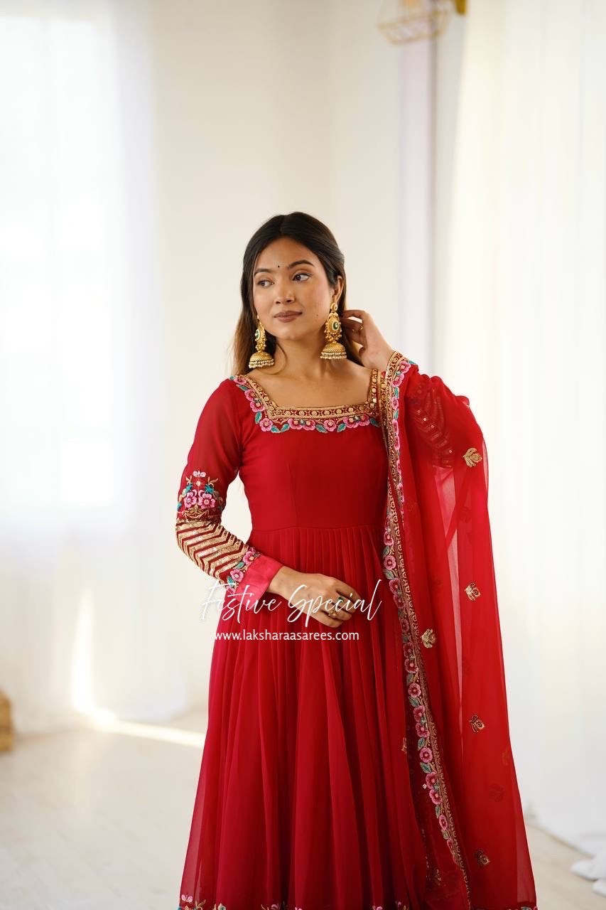 KUSHI - Floral Box Neck Georgette Anarkali
