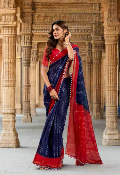 Colourful Mul Mul Cotton Saree x Pom Pom Border