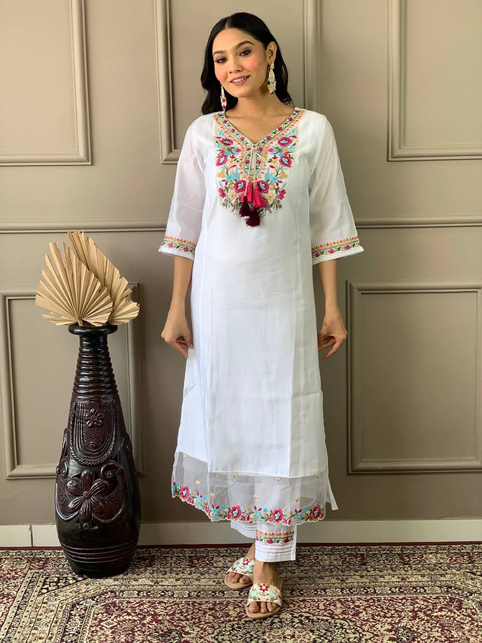 Premium White Kurti Set x Grand Floral Neckline