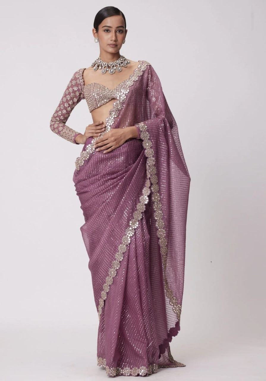 Purple Mirrorwork Designer Partywear Saree