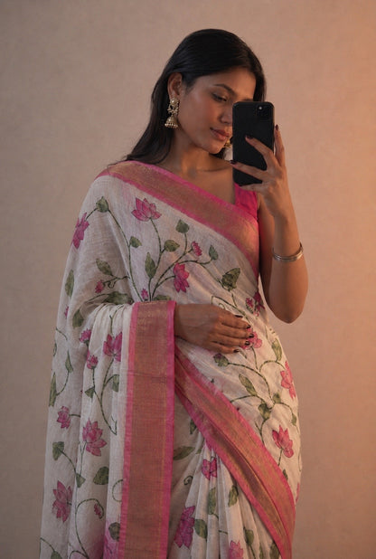 Laksharaa Sarees MINNALE lotus floral linen saree with elegant traditional design and intricate floral patterns.
