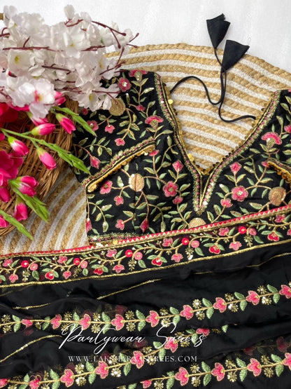 RANGOLI - Georgette Saree with floral embroidery work x readymade blouse