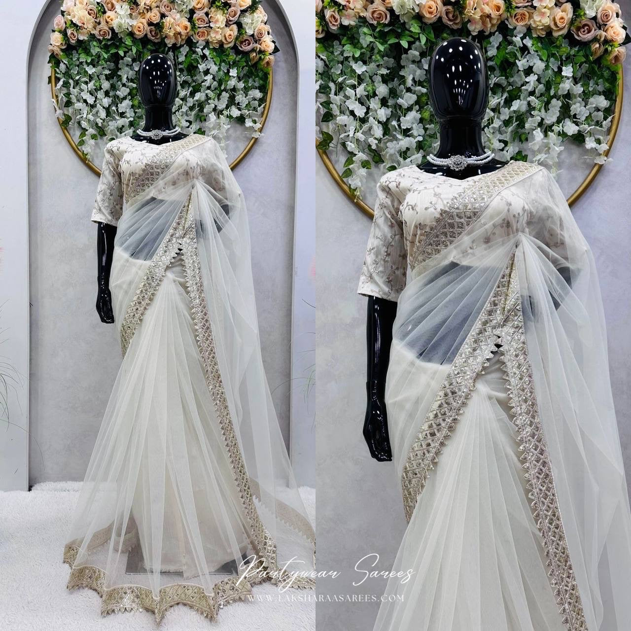 YASHODA - White x Grand Border Partywear Net Saree