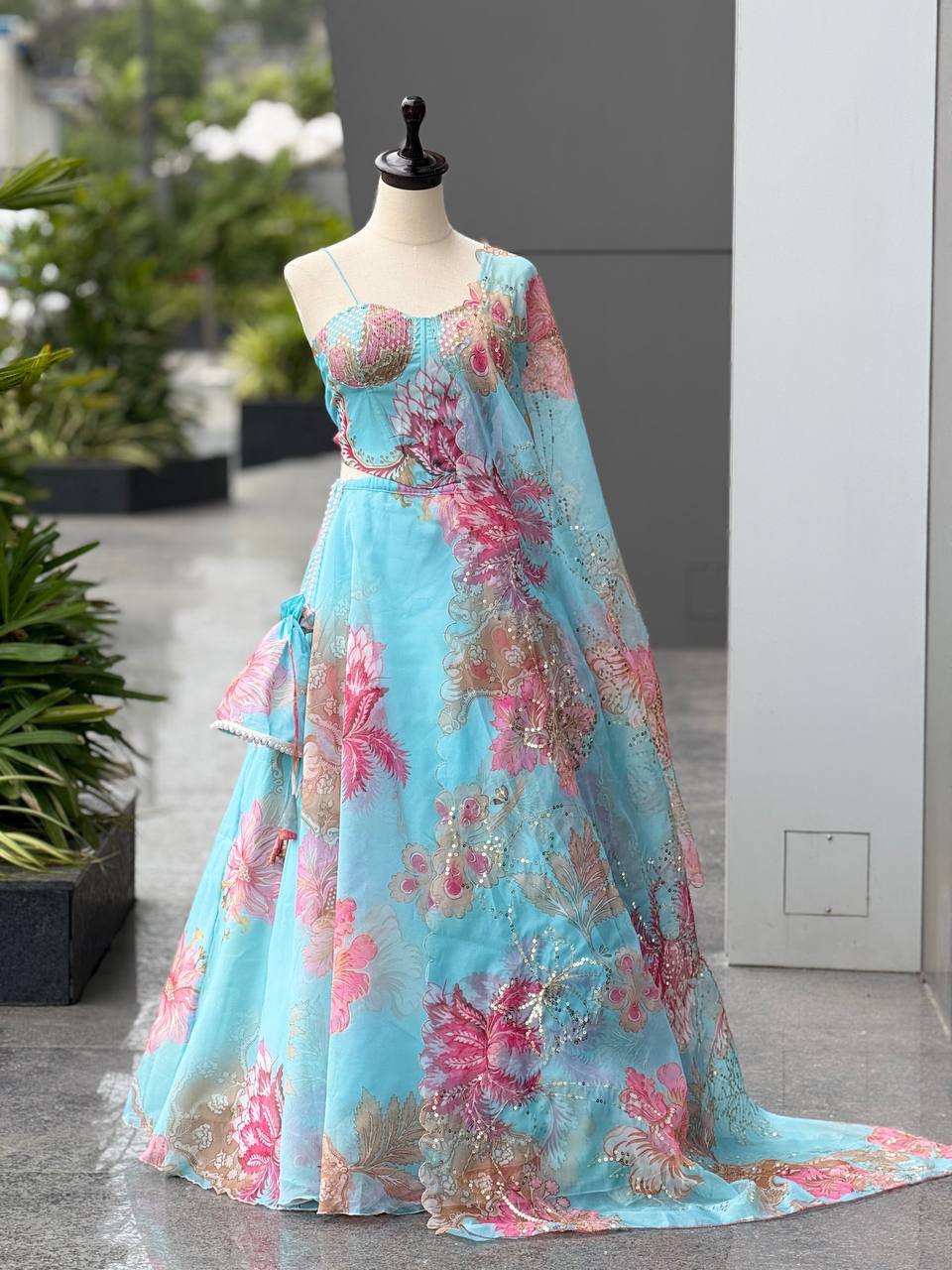 Laksharaa Sarees DIANA - Sky Blue Corset Style Partywear Lehenga Sky Blue Front View on Mannequin