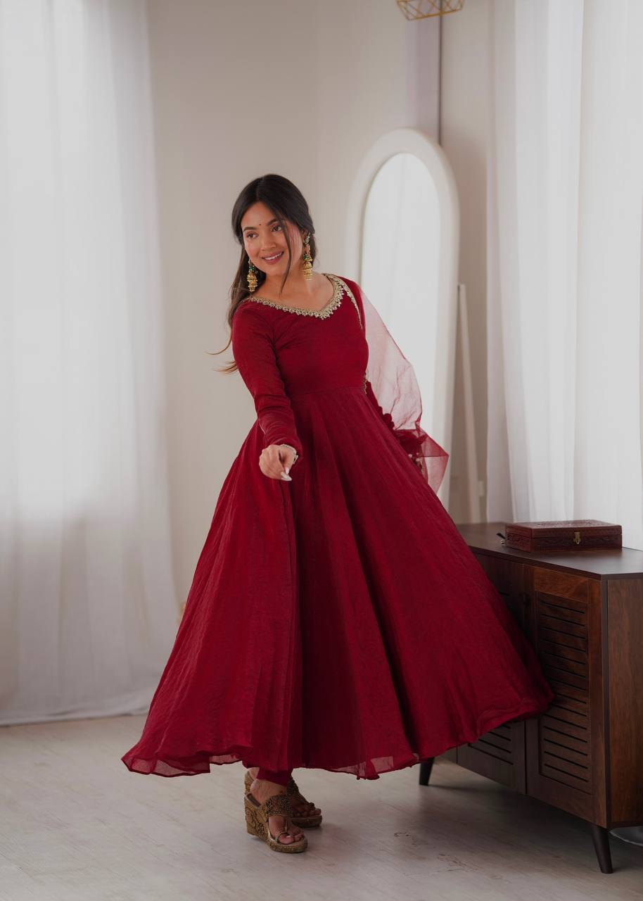 Laksharaa Sarees SANRIA - Premium Crush Silk Anarkali Suit Burgundy