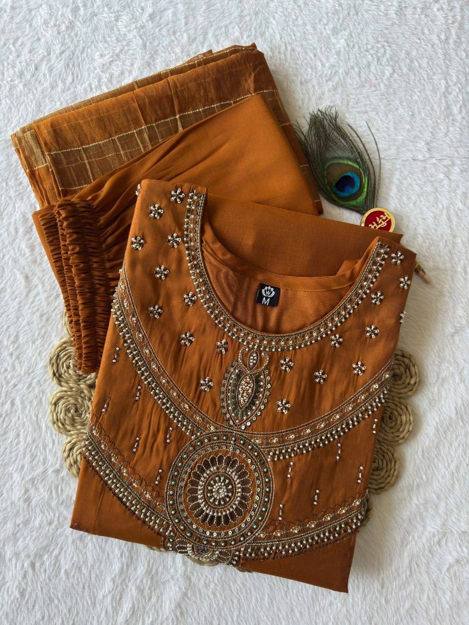 Laksharaa Sarees Festive Chanderi Cotton Kurti Set Burnt Orange Folded Top View