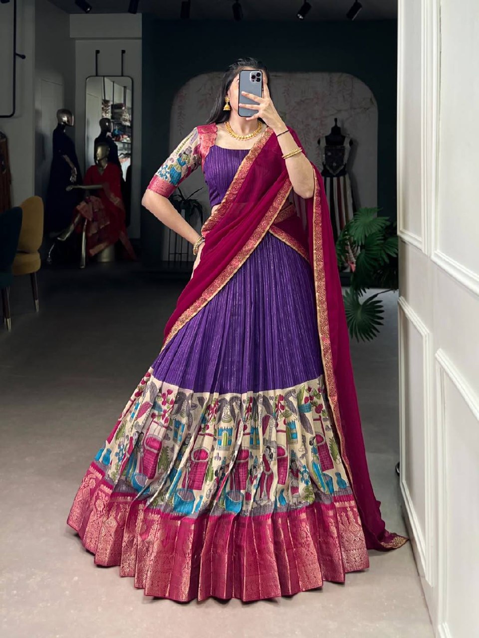 Laksharaa Sarees Kalamkari Chanderi Silk Half Saree Lehenga Purple