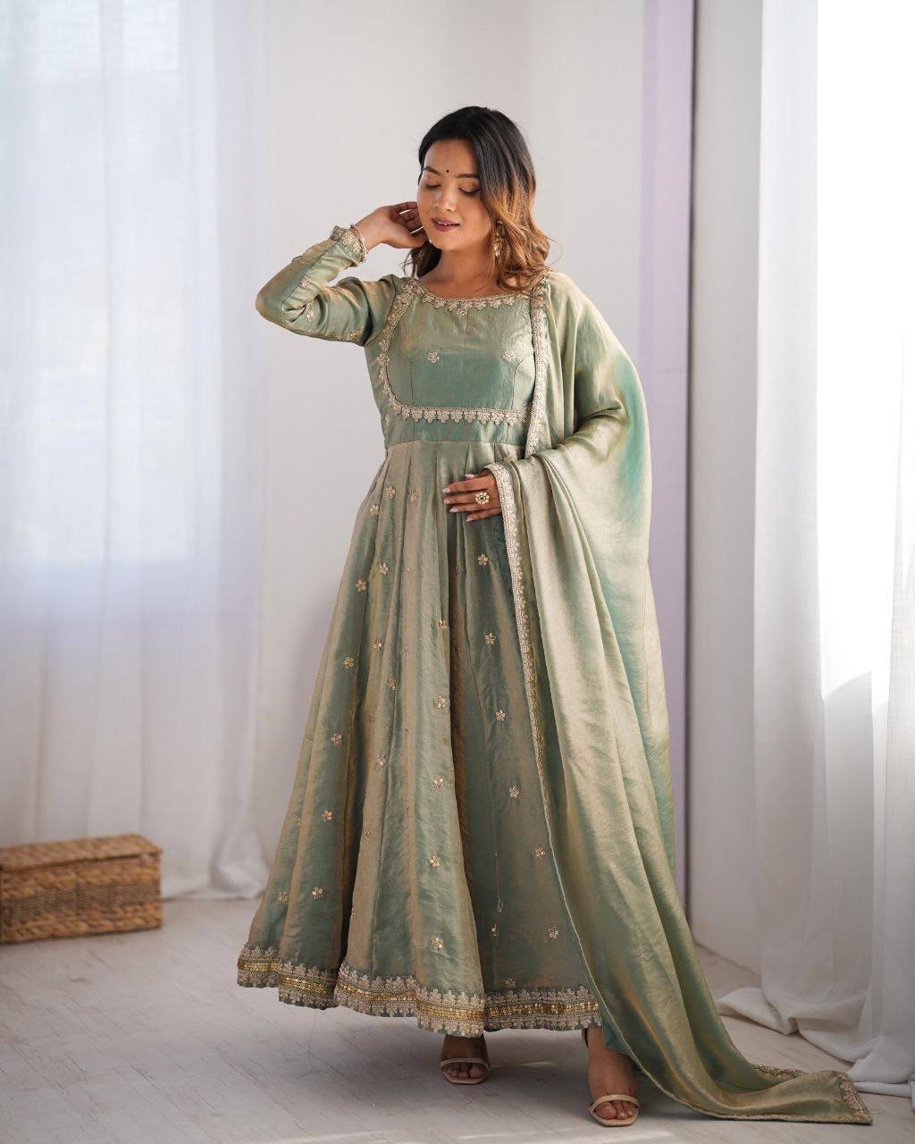 Laksharaa Sarees MIYAA — shimmer silk Anarkali suit Sage Green