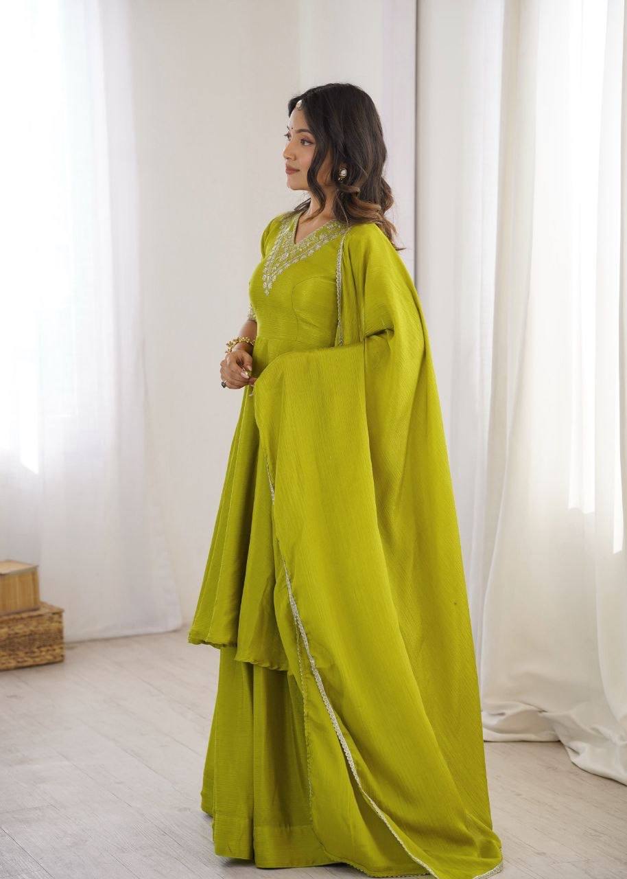 Laksharaa Sarees Chinnon Silk Peplum Suit Lime Green