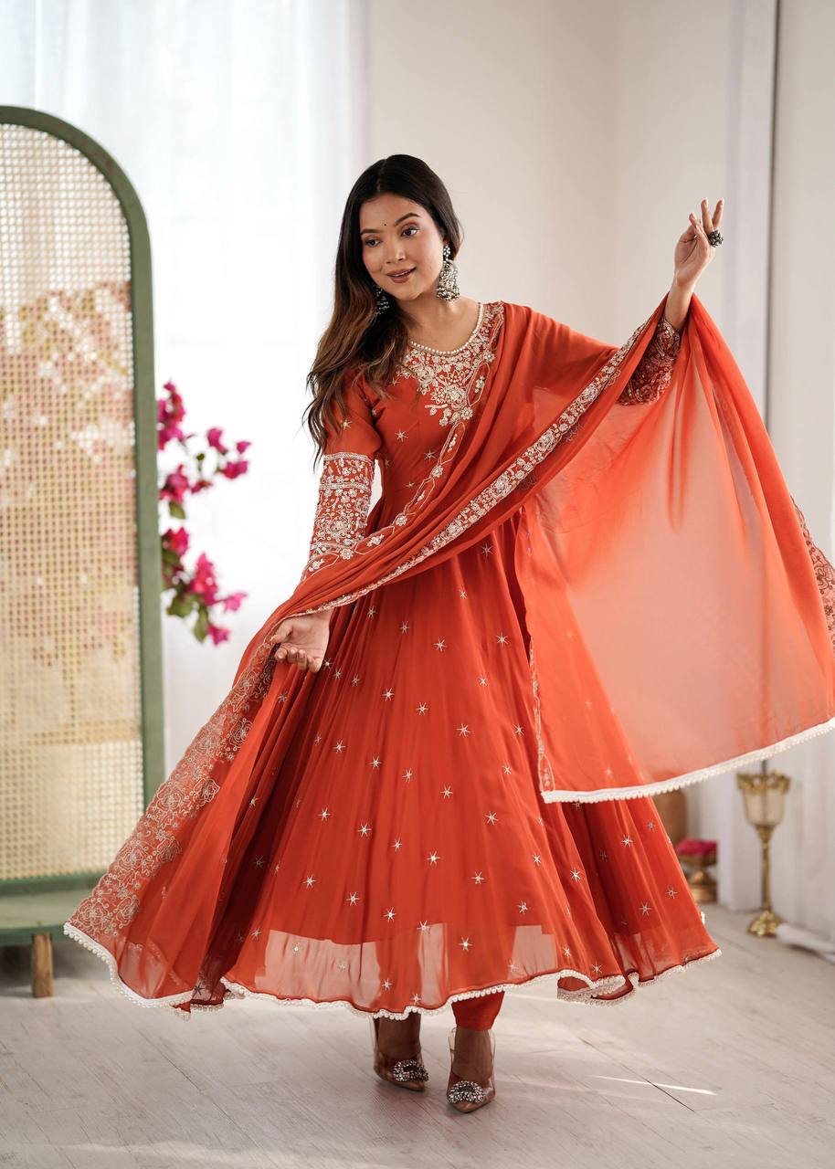 Laksharaa Sarees MYRA — Georgette Anarkali Suit Burnt Orange Front View