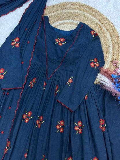 Laksharaa Sarees Floral Cotton Comfy Kurti Set Midnight Blue Detail