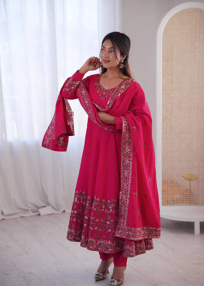 Laksharaa Sarees NAVIRA — Roman Silk Anarkali Suit Hot Pink Side View