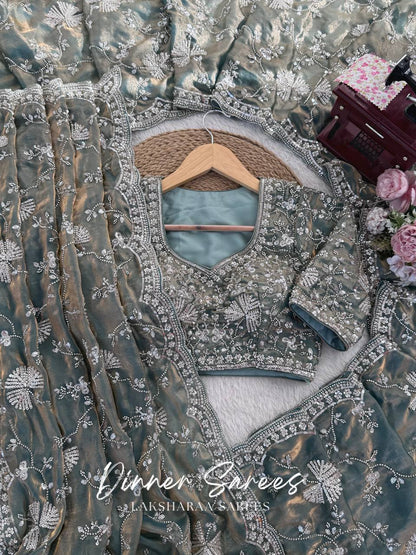Laksharaa Sarees MERLIN Grey Shimmer Partywear Saree with sequin work and unstitched blouse, flat lay with accessories