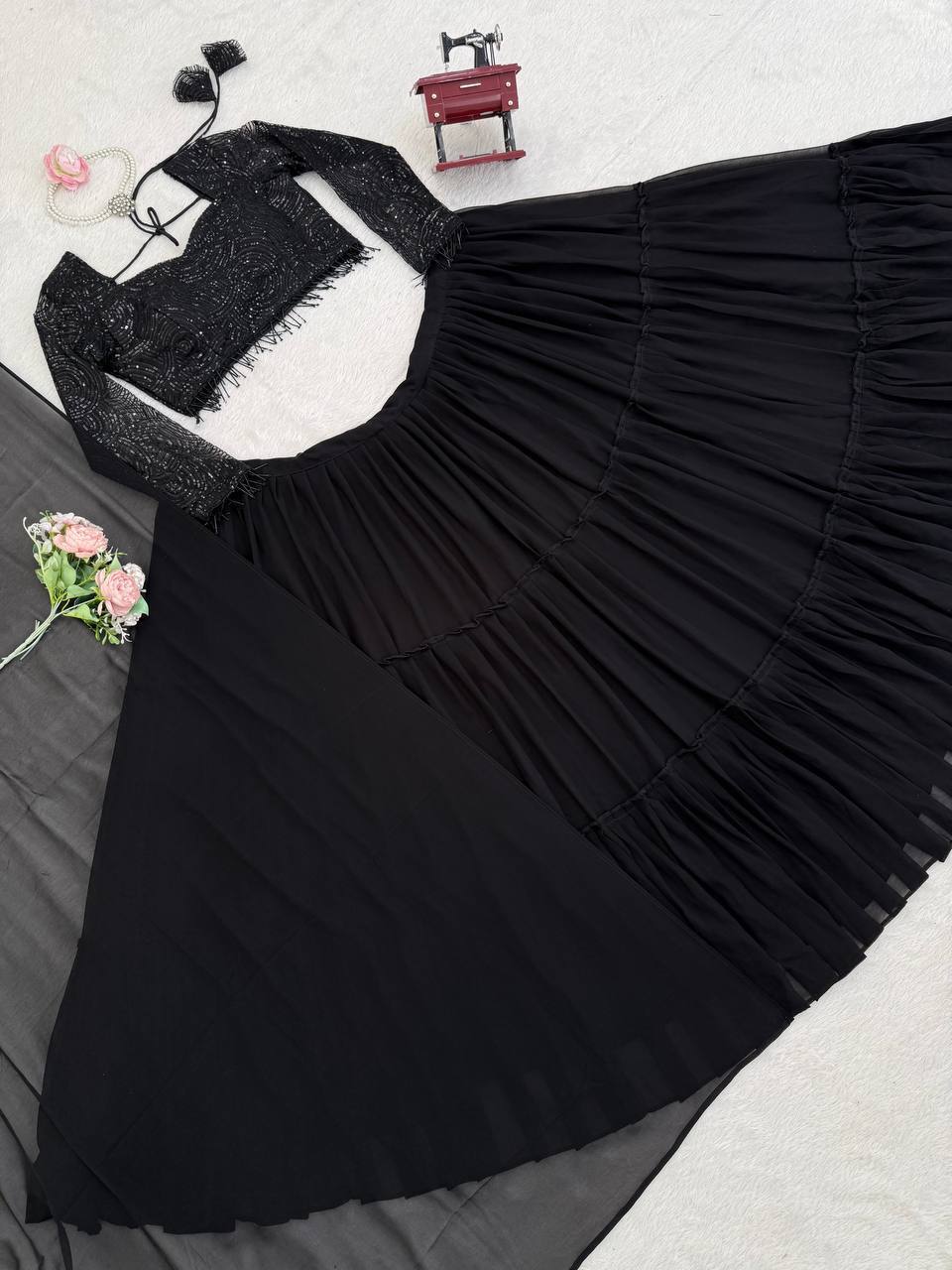 Laksharaa Sarees Black RUFFLE Georgette Lehenga Flat Lay Top View