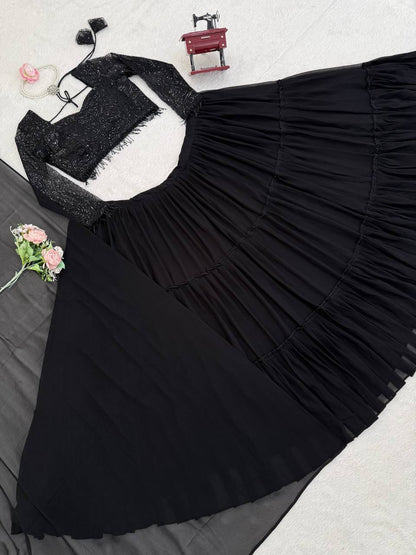 Laksharaa Sarees Black RUFFLE Georgette Lehenga Flat Lay Top View