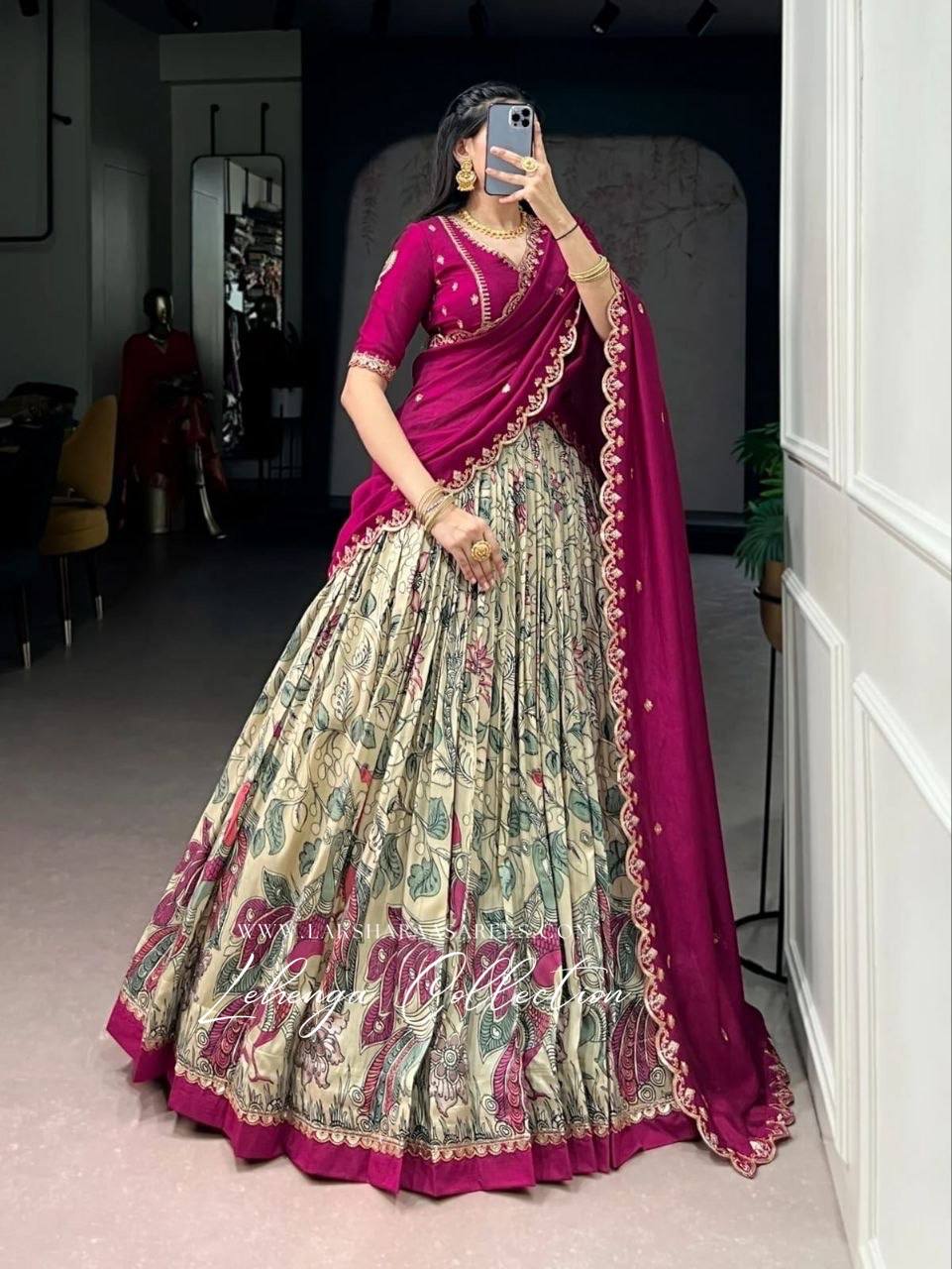 Laksharaa Sarees MEERA Dola Silk Kalamkari Half Saree Lehenga Cream and Fuchsia