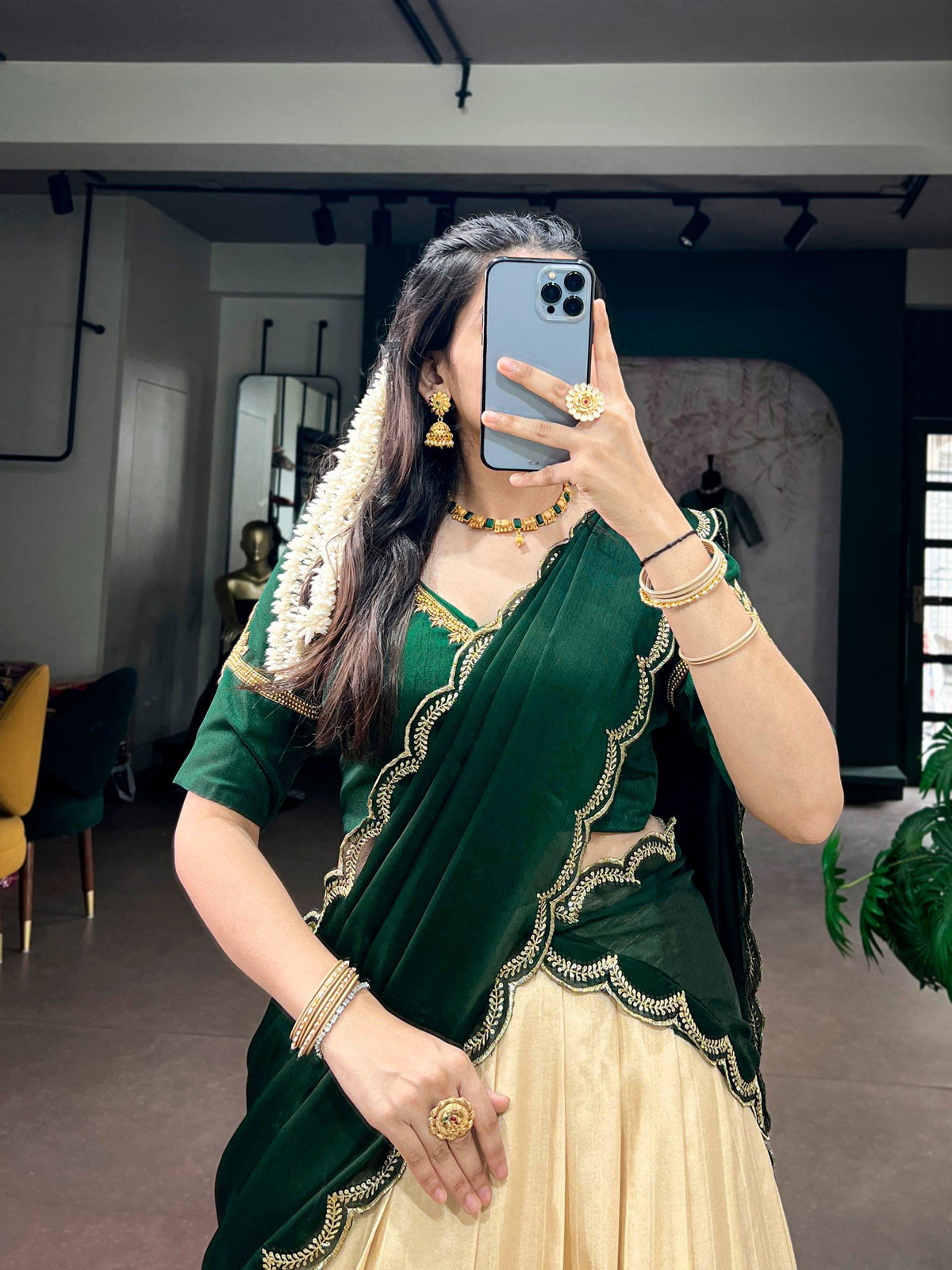 Laksharaa Sarees SAINDAVI Lehenga Set Champagne and Forest Green Close-up Front View