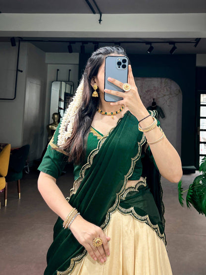 Laksharaa Sarees SAINDAVI Lehenga Set Champagne and Forest Green Close-up Front View
