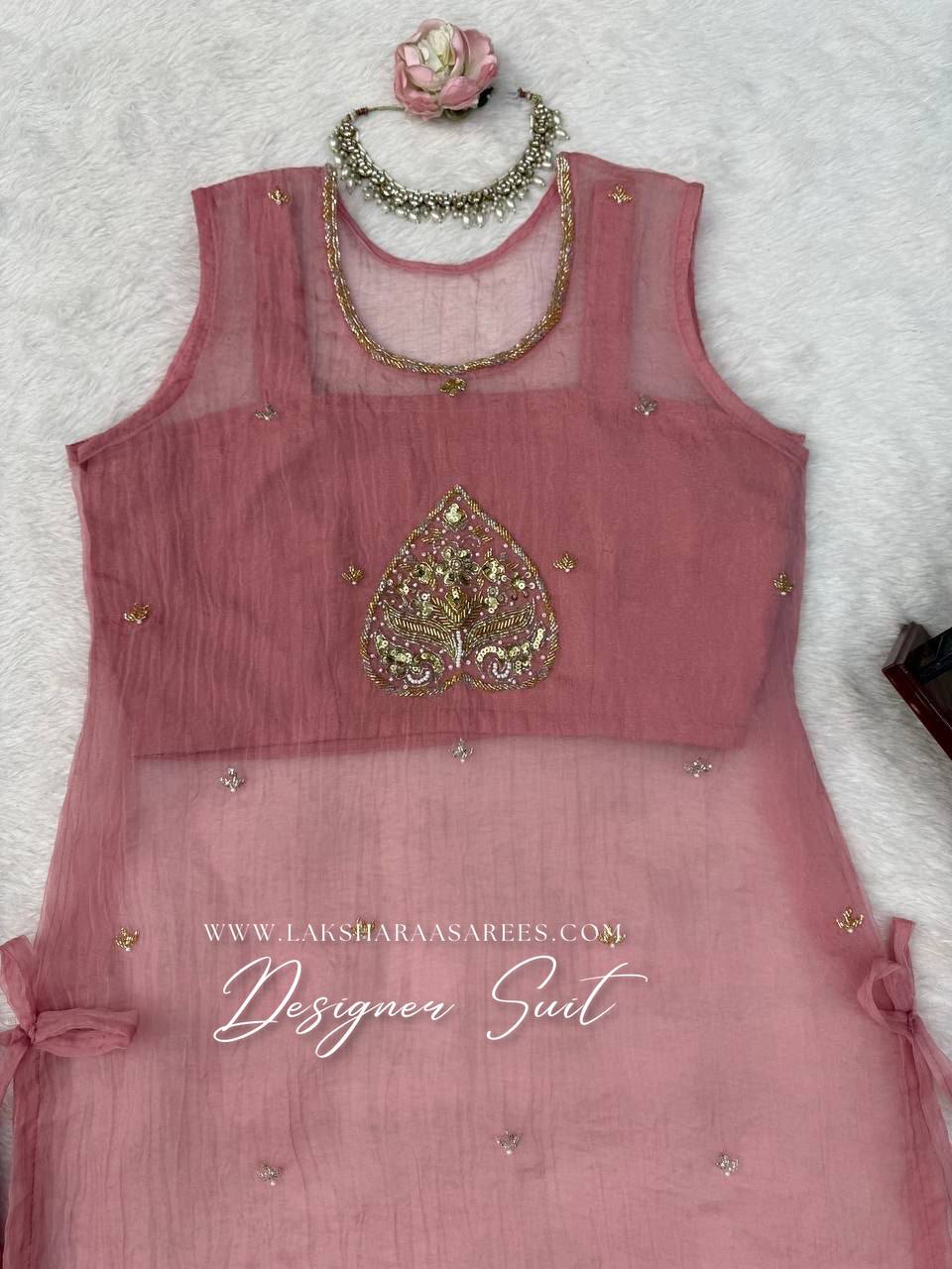 Laksharaa Sarees Cute Pink Pallazo Suit top close-up, front view