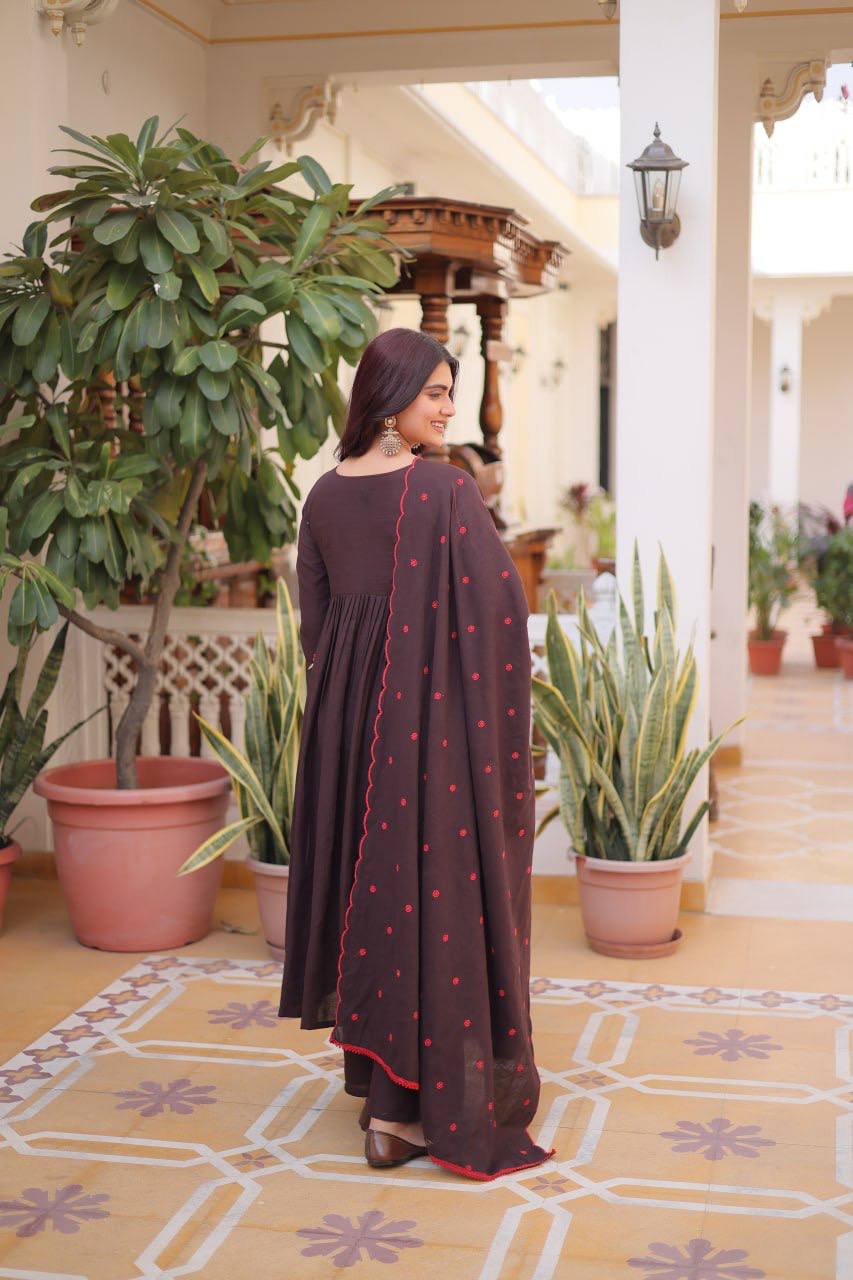 Laksharaa Sarees Floral Cotton Comfy Kurti Set Dark Brown Back View