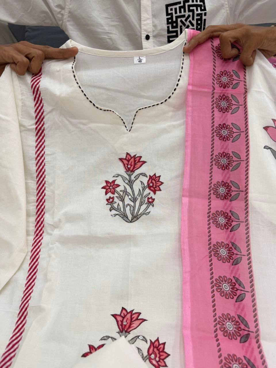 Laksharaa Sarees Summer Special - pink Jaipur Cotton Kurti Set Off-White Neckline Detail