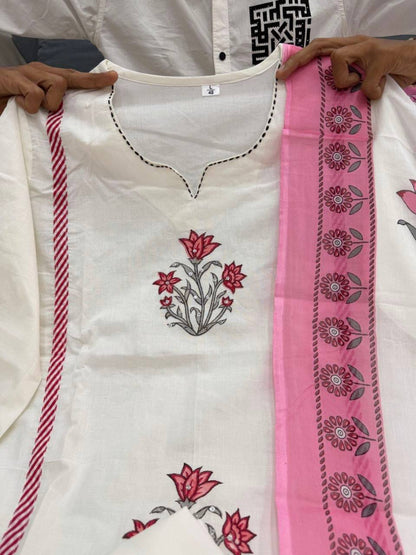 Laksharaa Sarees Summer Special - pink Jaipur Cotton Kurti Set Off-White Neckline Detail