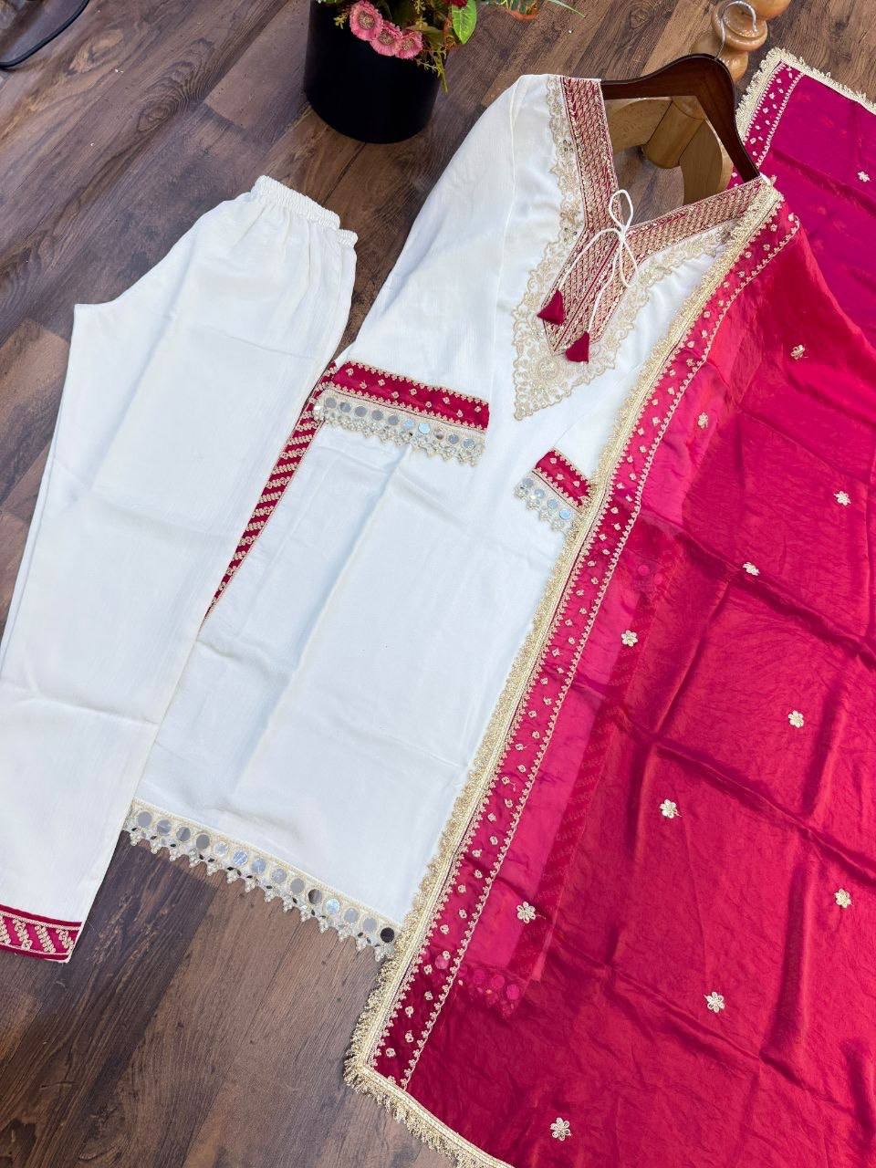 Laksharaa Sarees Chinnon Silk Kurti Set Off-White and Pink Side View