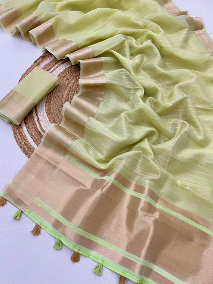 Pastel Kora Silk Saree x Gold Border & Tassel Border - Bridesmaid Special