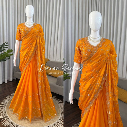 Laksharaa Sarees MEENA Designer Saree Mustard Yellow draped on mannequin, full view