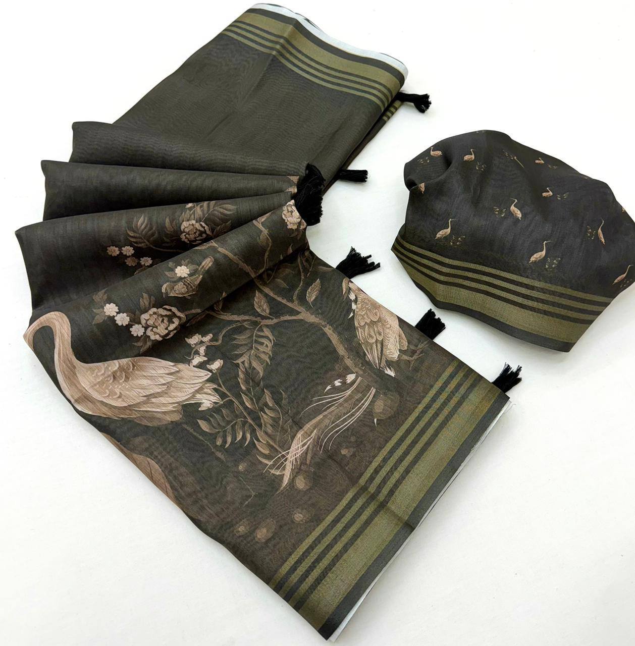 Laksharaa Sarees beautiful linen Saree Charcoal Grey folded with blouse piece