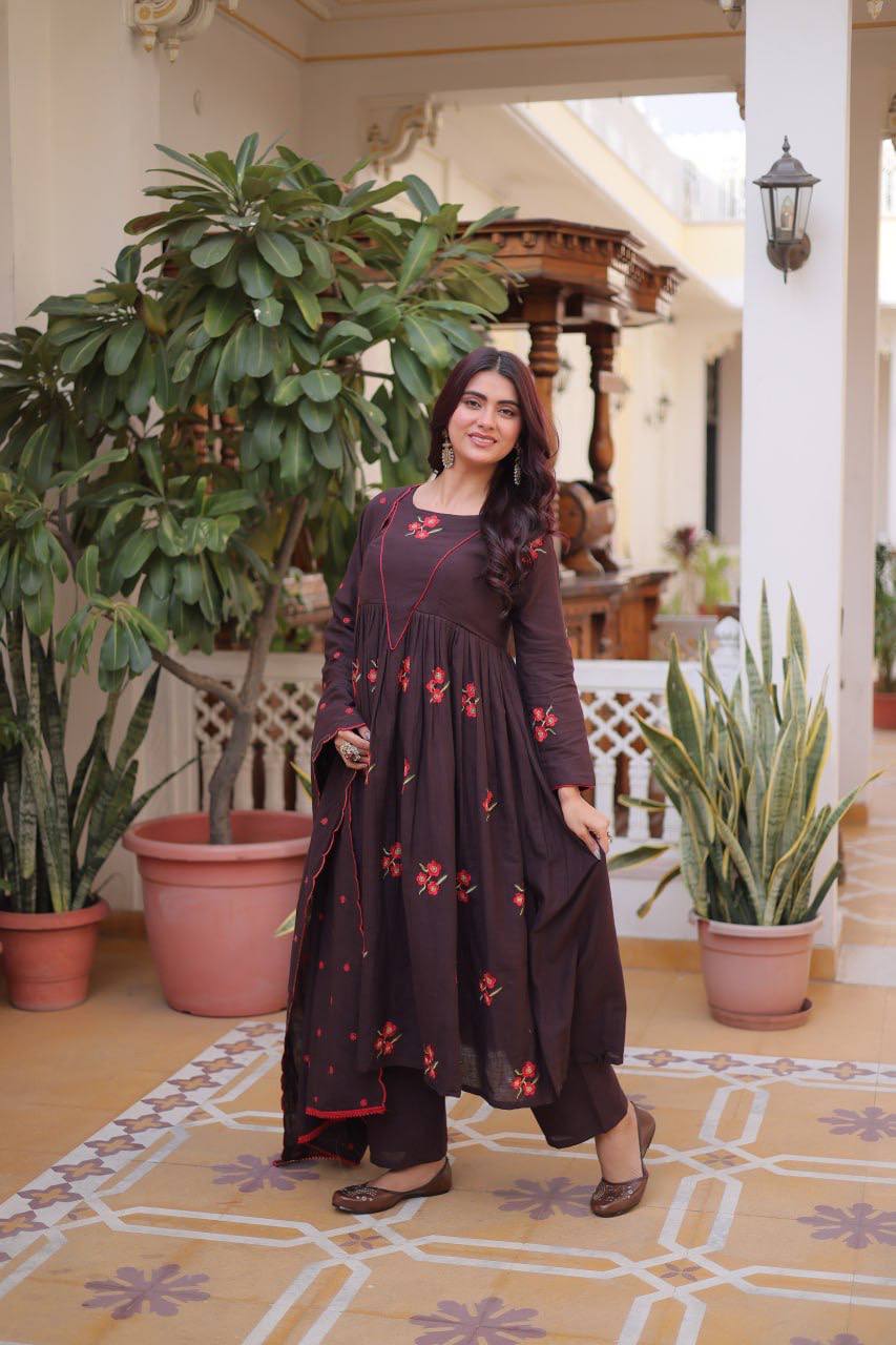 Laksharaa Sarees Floral Cotton Comfy Kurti Set Dark Brown Front View