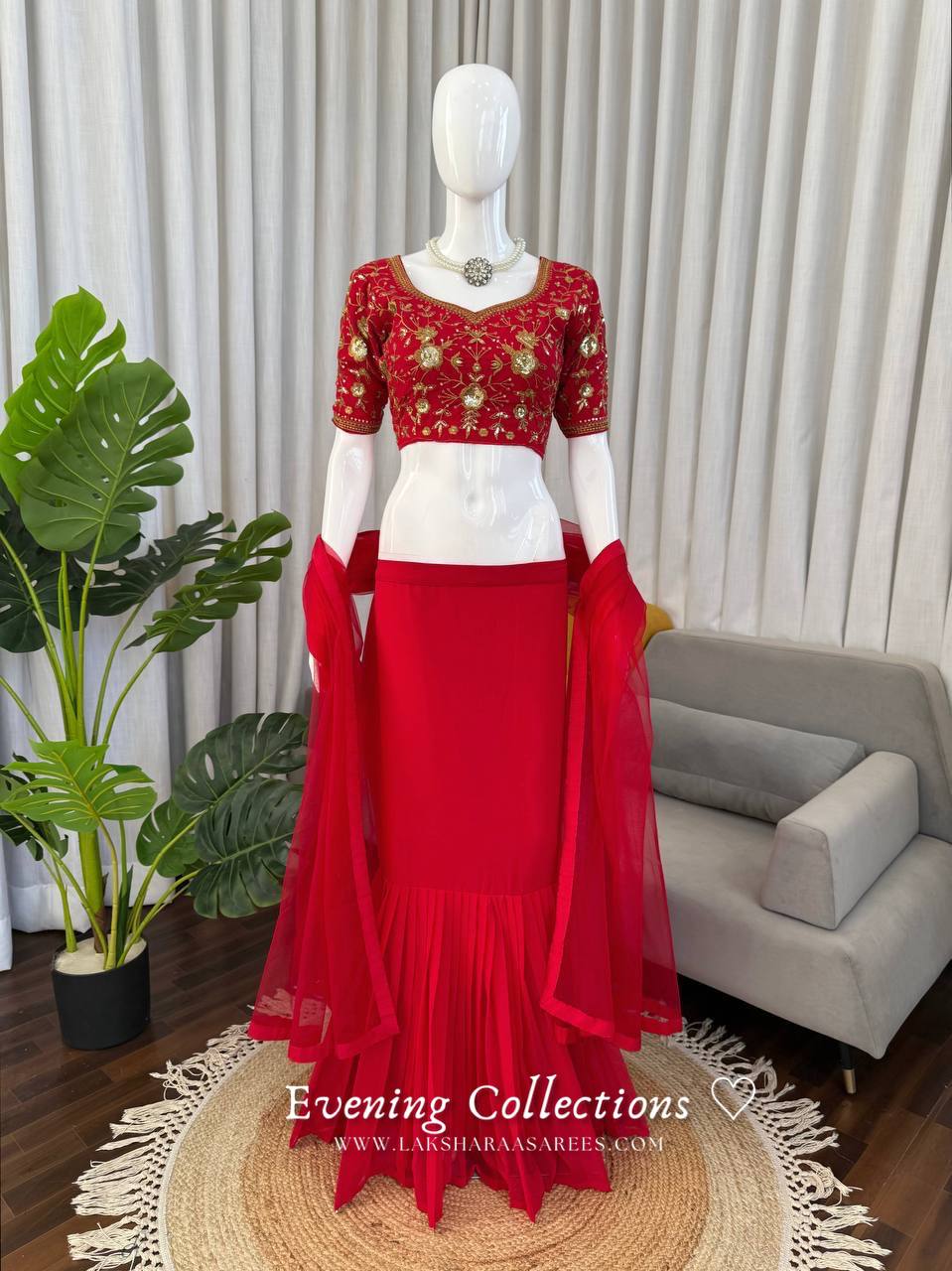 Laksharaa Sarees ELENA Half Saree Lehenga Red Front View on Mannequin