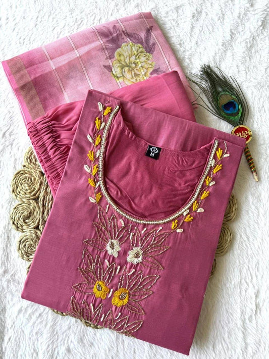 Laksharaa Sarees Mul Cotton Comfy Kurti Set Pink Folded Top View