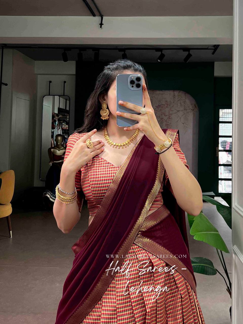Laksharaa Sarees VENBA South Special Kanchi Cotton Half Saree Lehenga Burgundy and Cream Front View with Jewelry