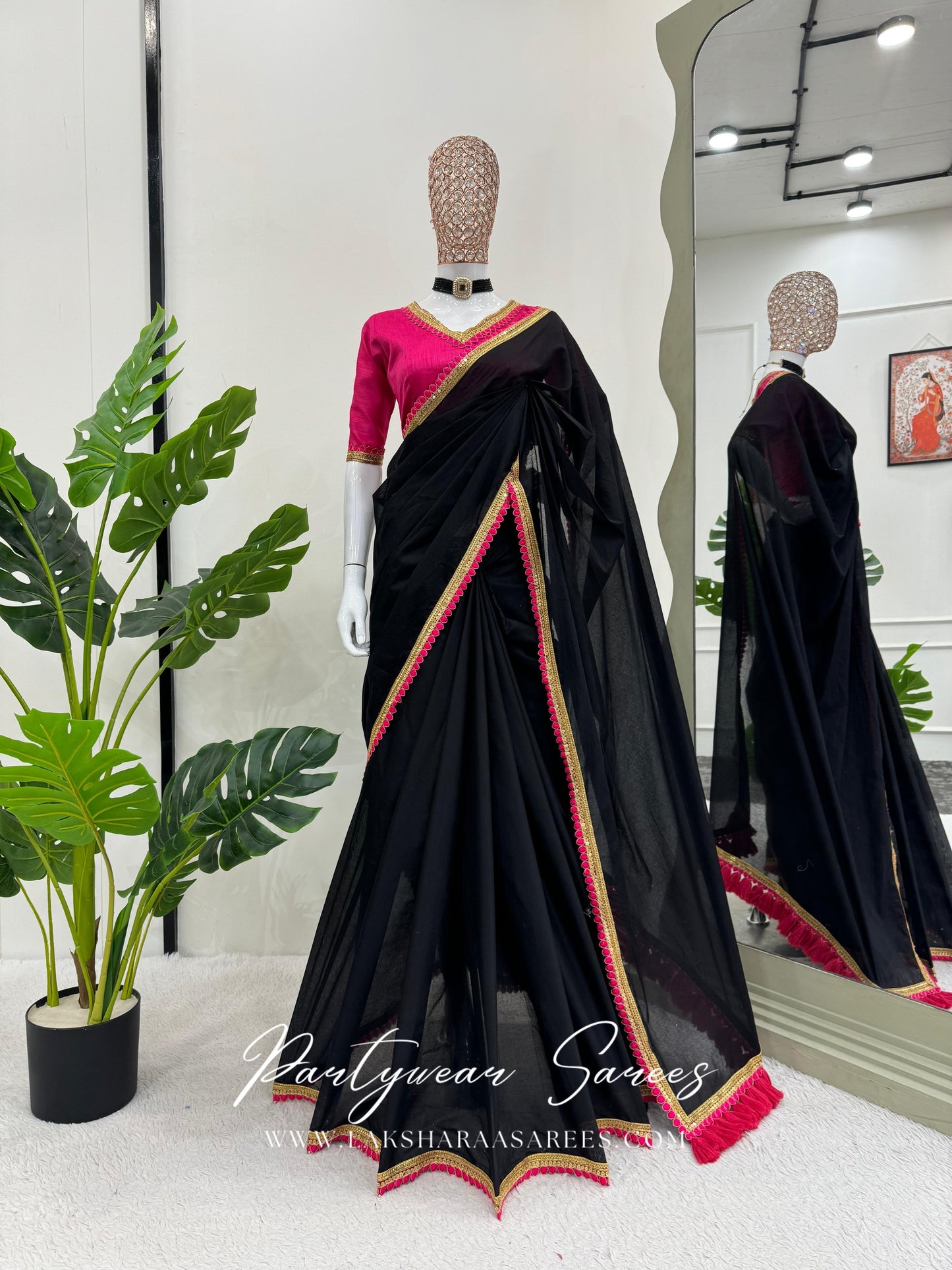 ISAI - Black Mul Cotton Saree x Pink Tassel Border