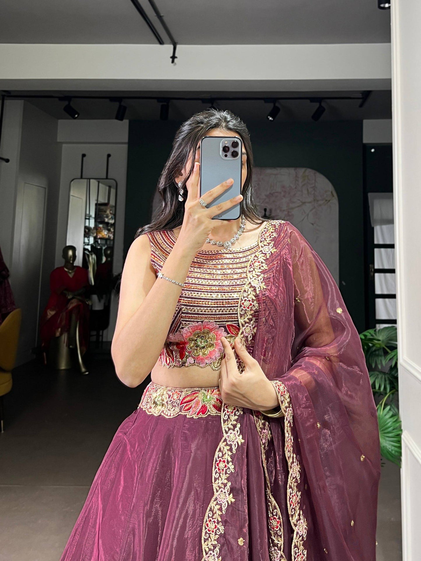Laksharaa Sarees AVINA - Chanda Silk Lehenga Burgundy close-up of blouse and dupatta