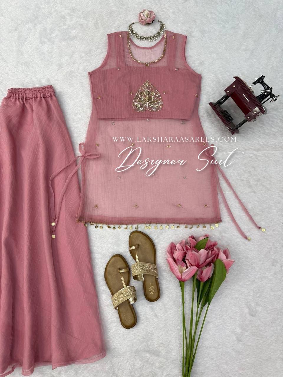 Laksharaa Sarees Cute Pink Pallazo Suit flat lay with accessories