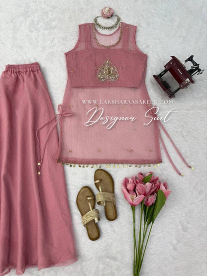 Laksharaa Sarees Cute Pink Pallazo Suit flat lay with accessories