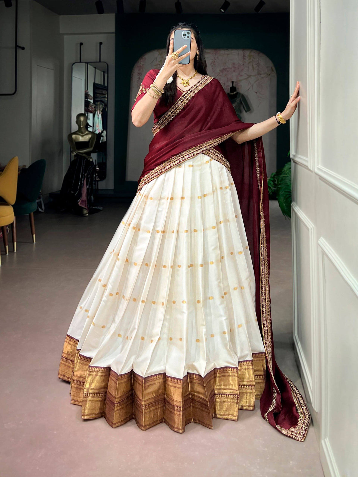 Laksharaa Sarees JALINI — Soft Cotton Maroon x White Half Saree Lehenga Leaning Pose