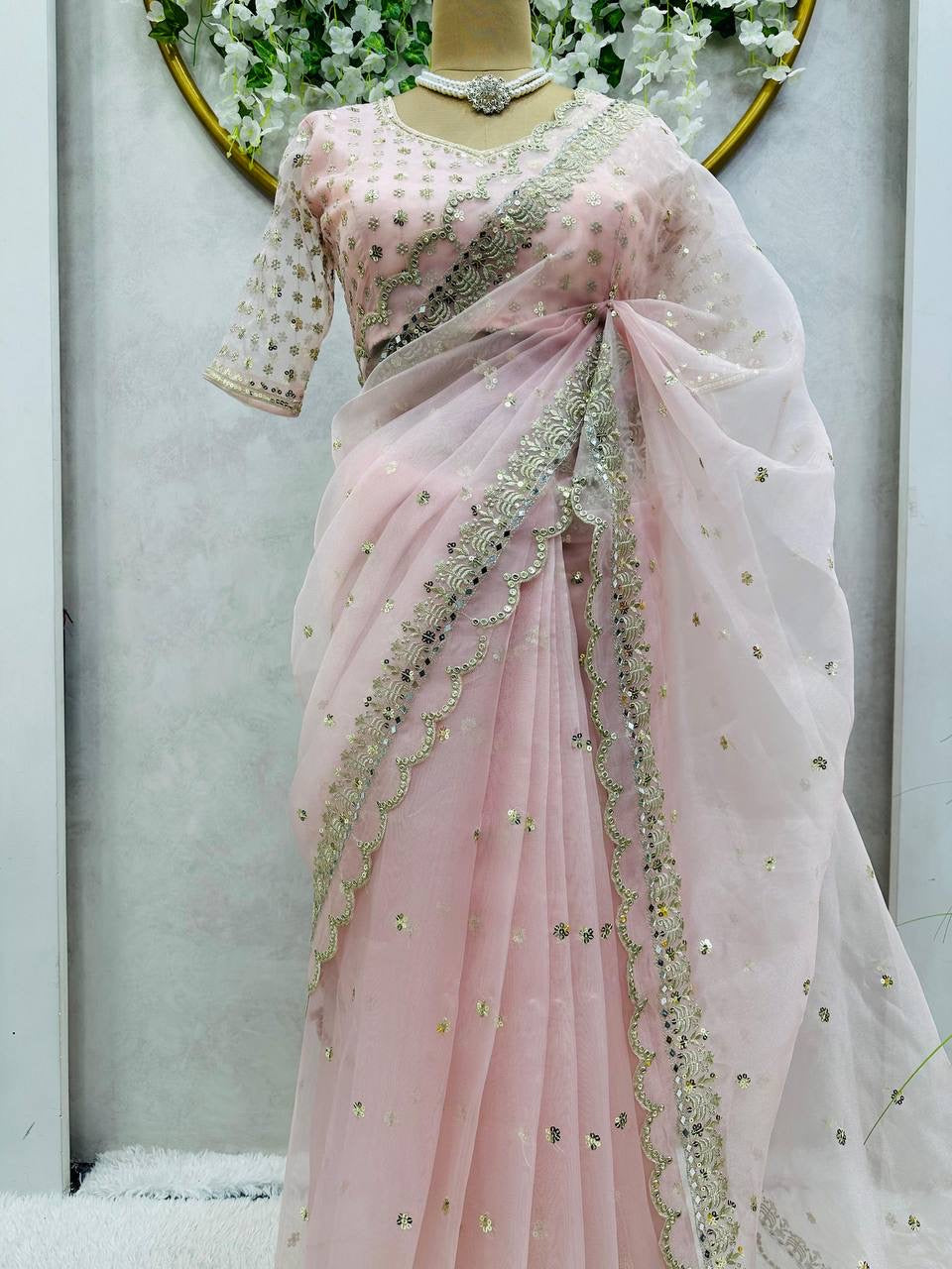 Baby Pink Organza Partywear Saree