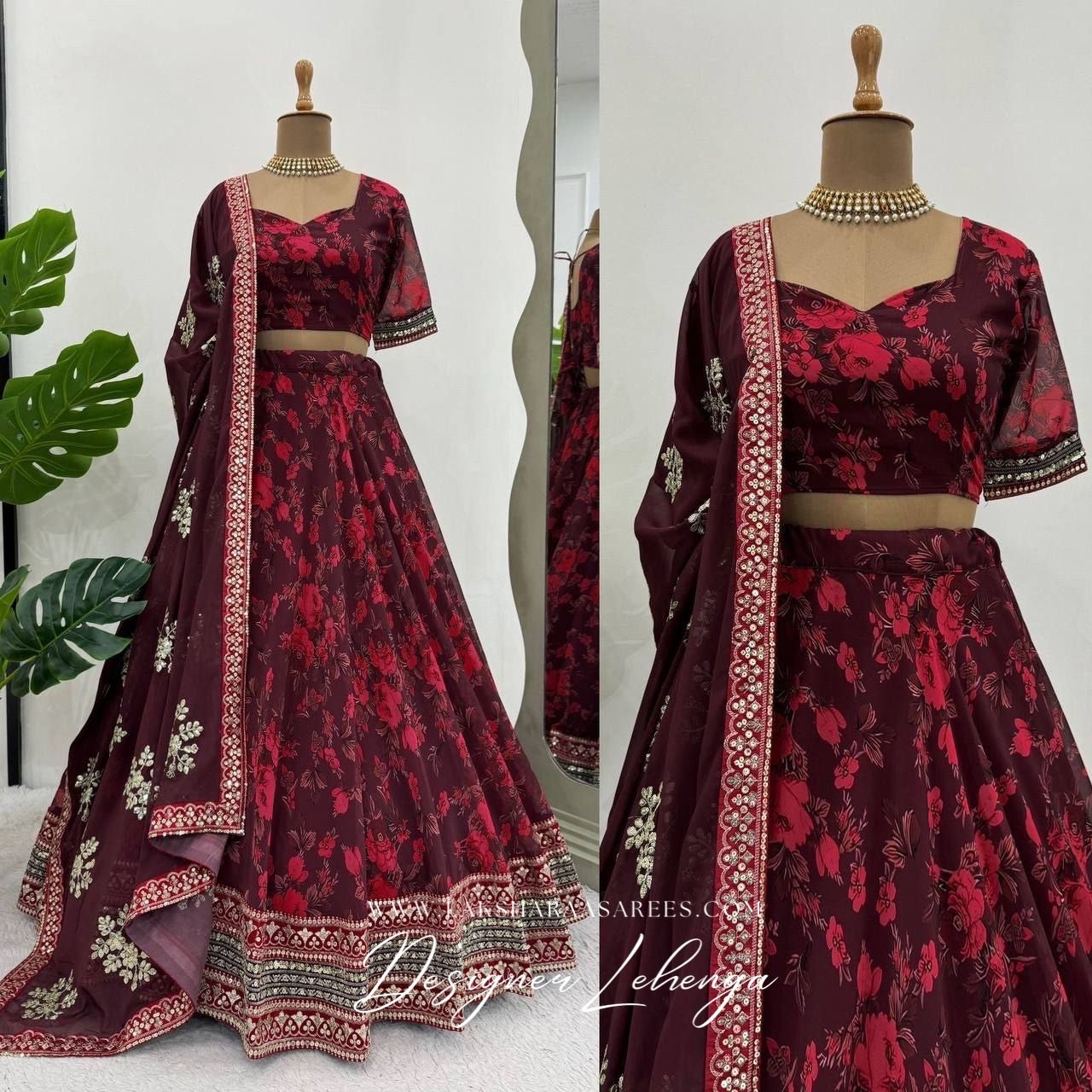 Maroon x Red Floral Georgette Lehenga