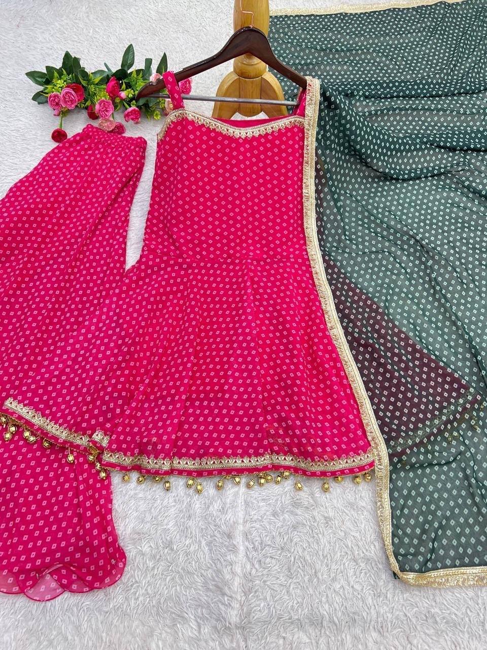 Laksharaa Sarees HANI bandhani print Sharara suit Hot Pink Flat Lay Front