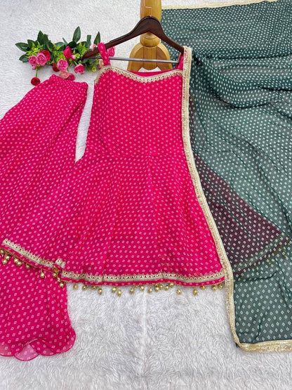 Laksharaa Sarees HANI bandhani print Sharara suit Hot Pink Flat Lay Front