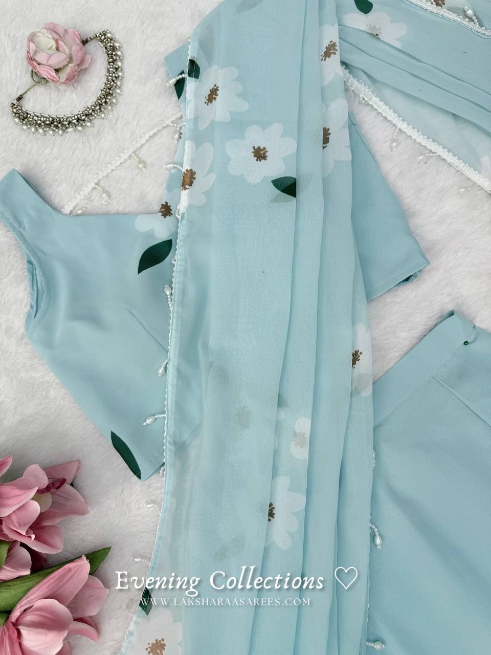 Laksharaa Sarees MAISY Aqua Lehenga Saree Choli and Dupatta Close Up