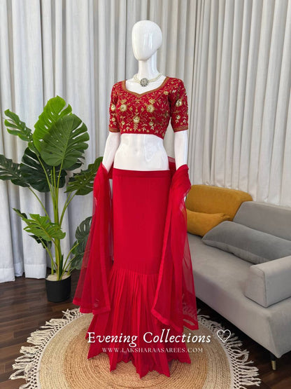 Laksharaa Sarees ELENA Half Saree Lehenga Red Front View on Mannequin