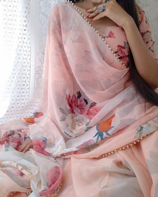 Georgette Floral Saree x Pearl Border