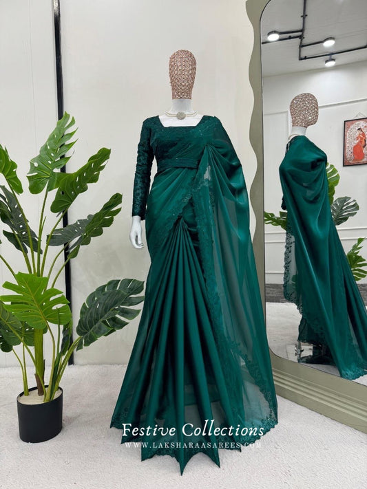 KANISHA - Pine Green Partywear Georgette Saree