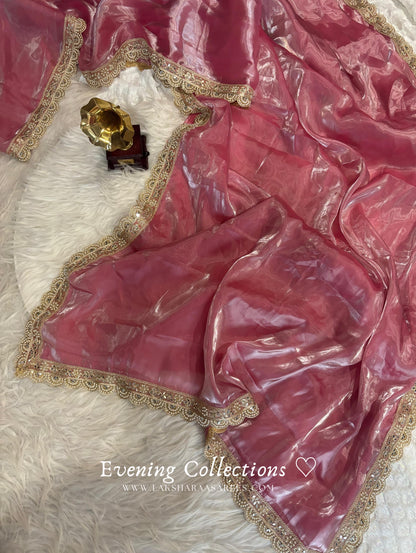 INIYAA — Pink Shimmer Silk x Pearl & Mirror Work Grand Border